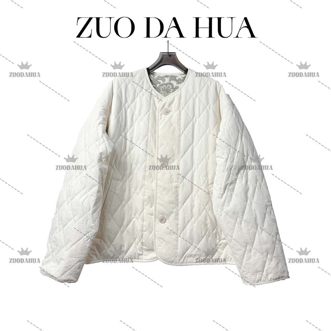 左大花 轻奢菱格纹珩棉双面穿棉服女秋冬新款宽松设计感棉衣外套
