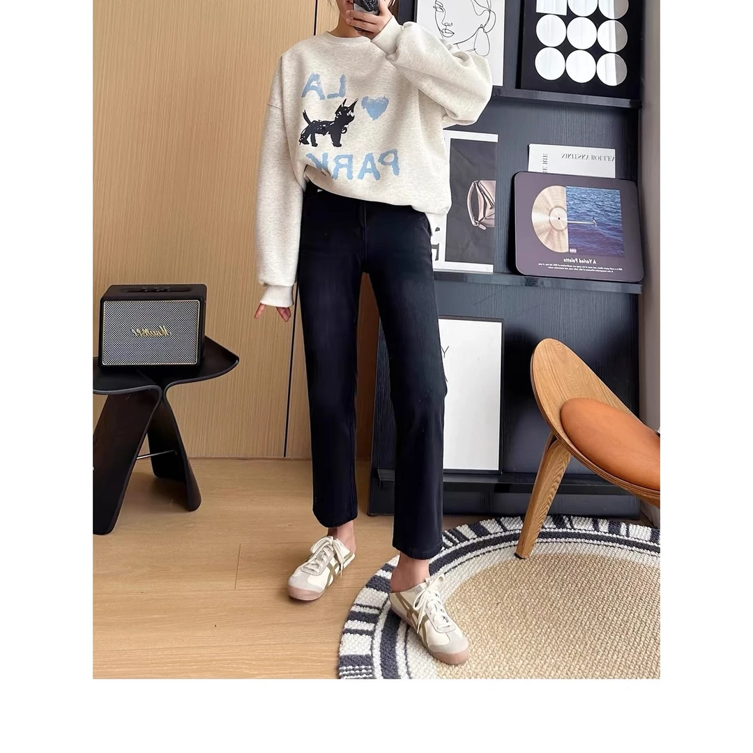 1349-复古九分直筒软牛仔裤女秋款深色小个子窄版法棍裤烟管裤