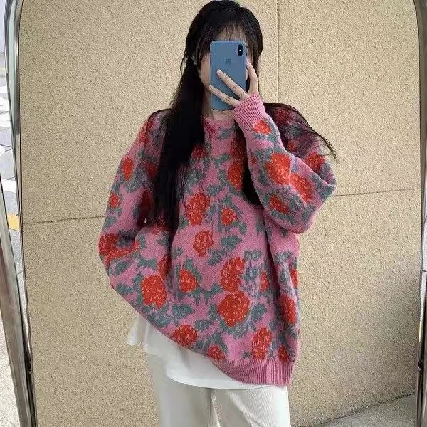 0449#提花大版毛衣女套头秋冬网红显瘦气质时尚百搭休闲宽松女士