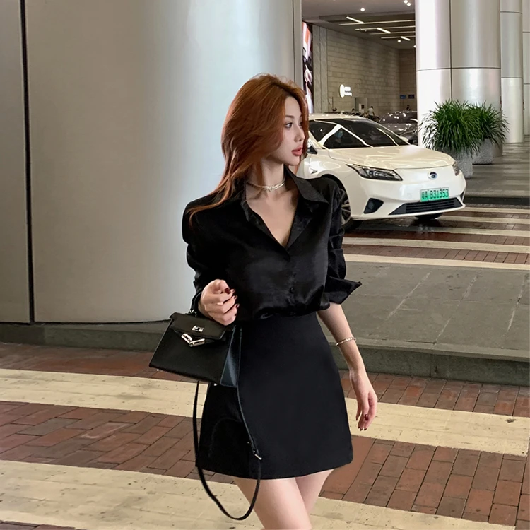 【宝藏】大码女装新款高级感气质黑色衬衫+加高腰显瘦半身裙套装