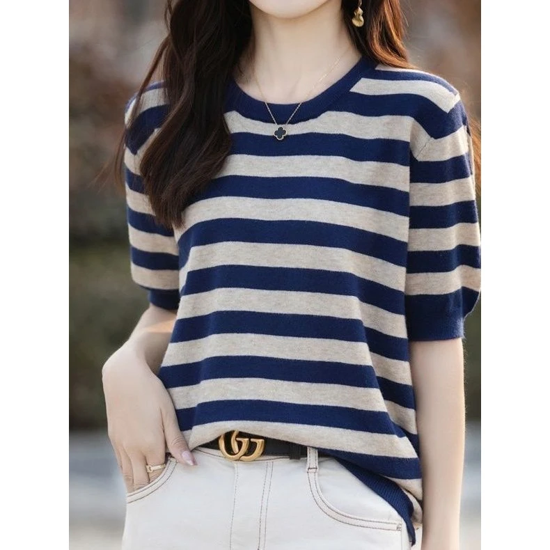蓝色拼色条纹短袖针织衫女夏季韩版时尚气质简约T恤上衣女百搭潮