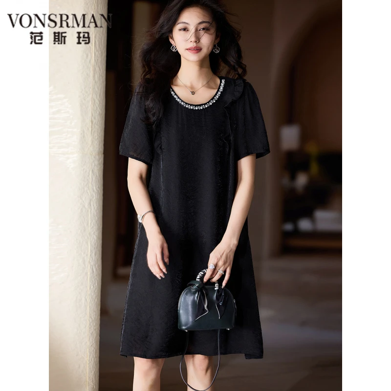 时尚新款洋派提花钉珠木耳边洋装女2025年夏季大尺码裙 VONSRMAN