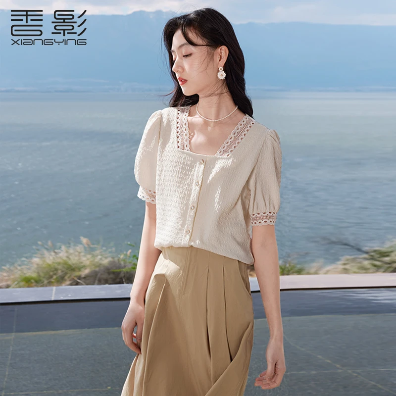 S85S268蕾丝衫 香影蕾丝花边方领衬衫夏季新款泡泡袖女士气质上衣