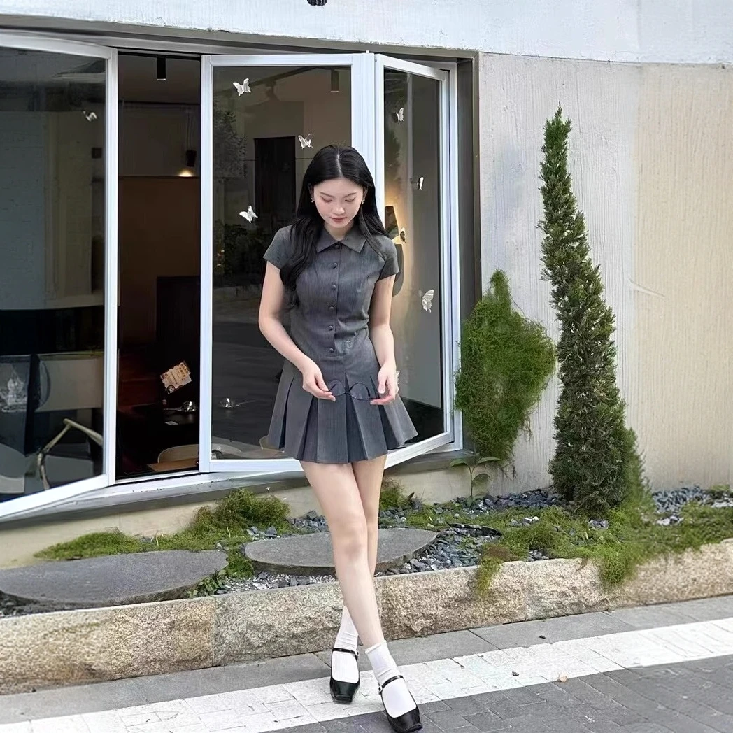 学院风polo领时尚显瘦收腰百褶连衣裙a字裙短袖衬衫裙