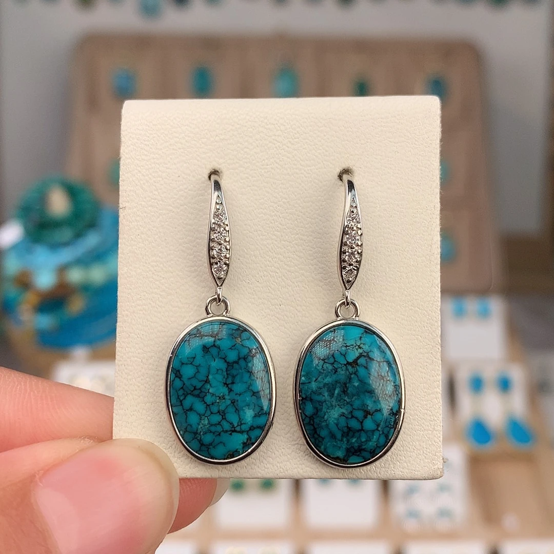 绿松石银S925镶嵌耳饰