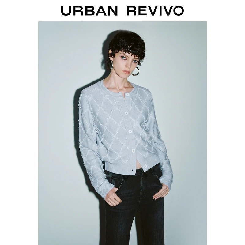 【HOT】UR2025秋季新款女装休闲学院菱格纹针织外套UYY950075