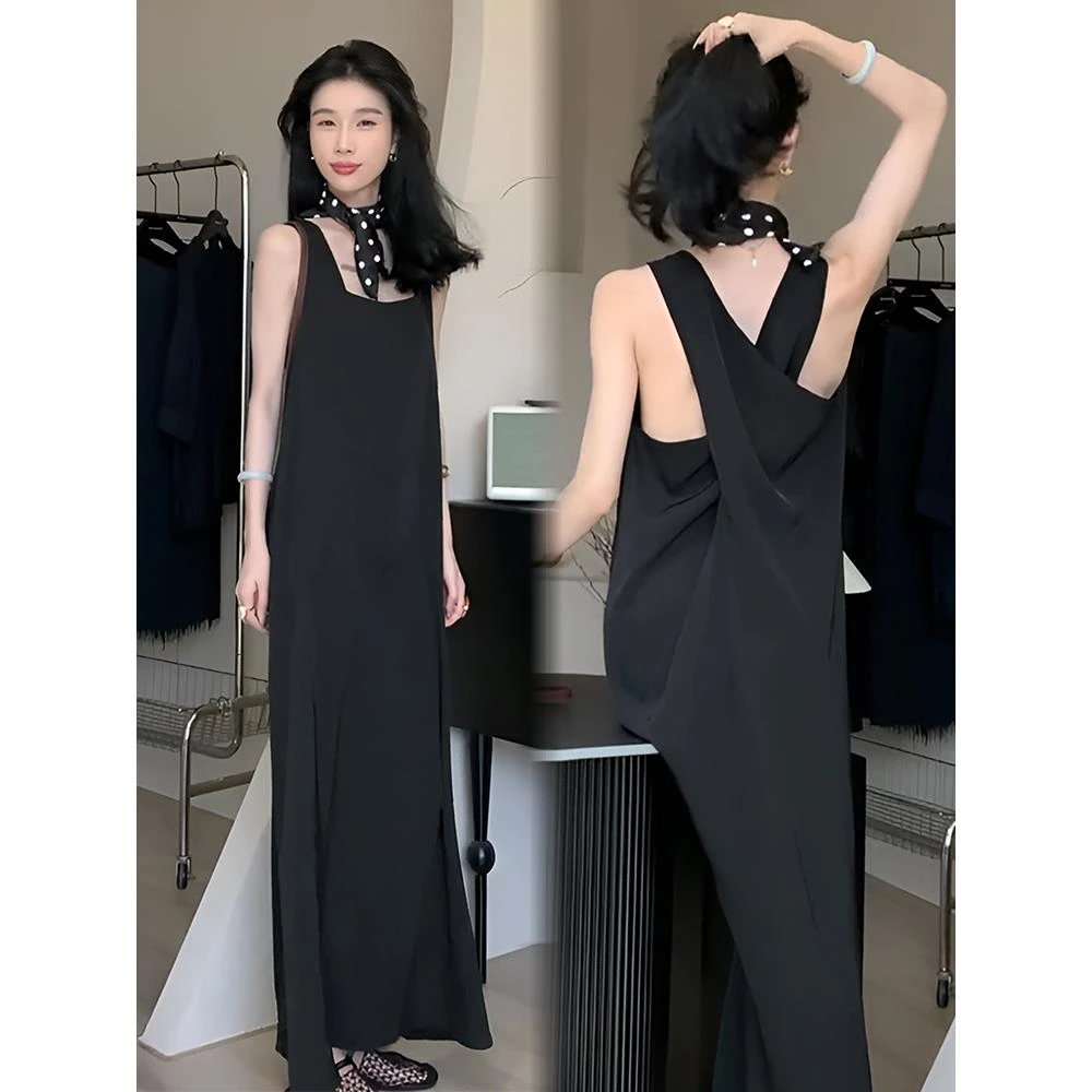 黑色高级感镂空露背无袖连衣裙女2024新款夏季宽松休闲气质吊带裙