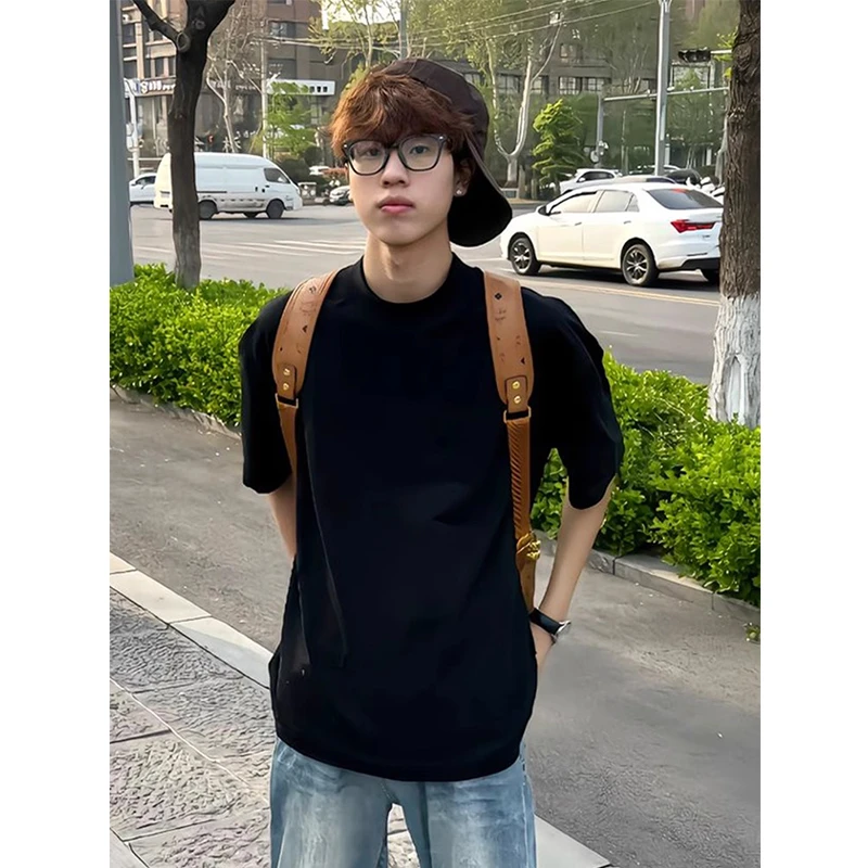美式正肩小领口短袖t恤男款夏季薄款纯棉透气潮牌内搭打底五分袖