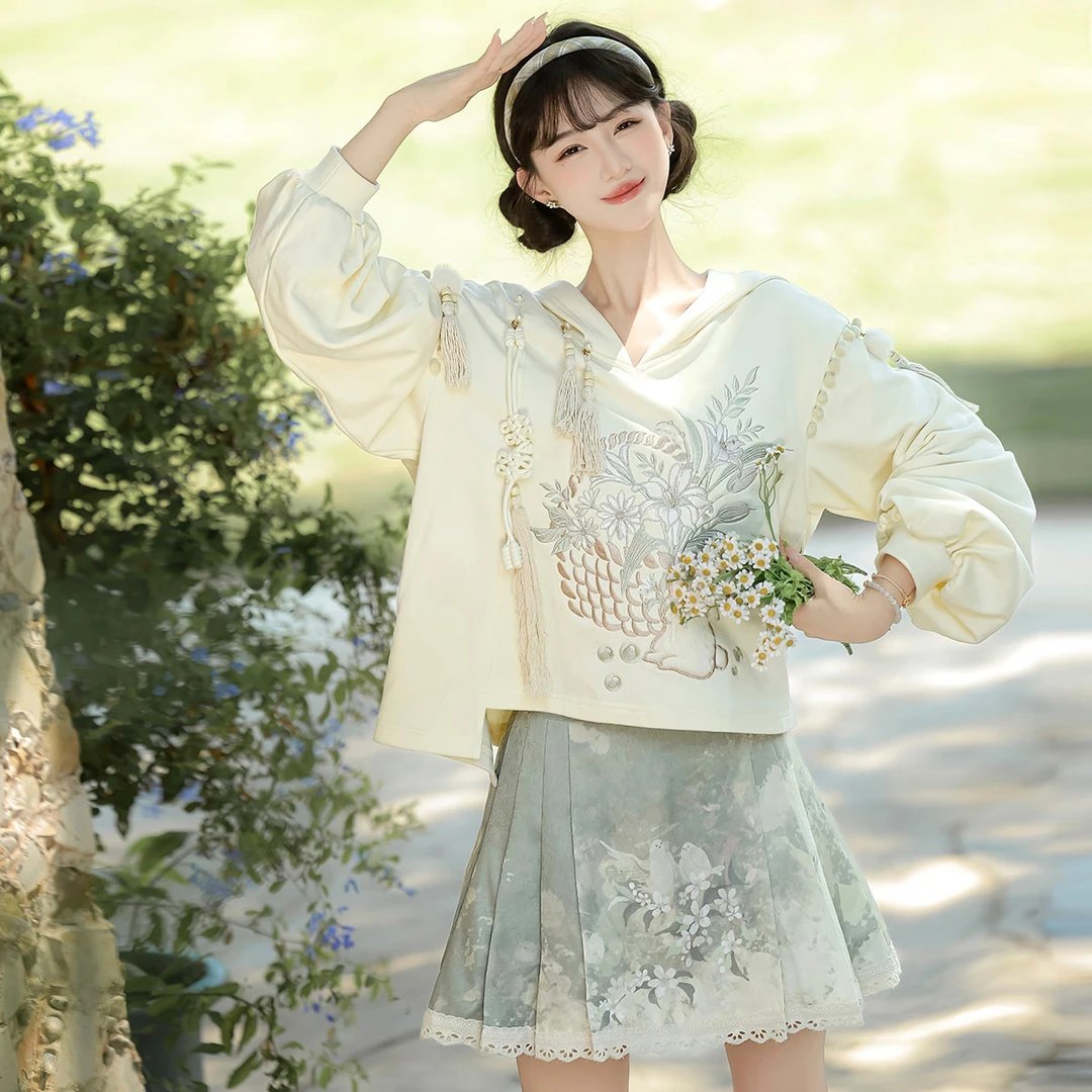观南桥【清晨花园】原创汉服新中式改良汉元素卫衣半裙套装9706