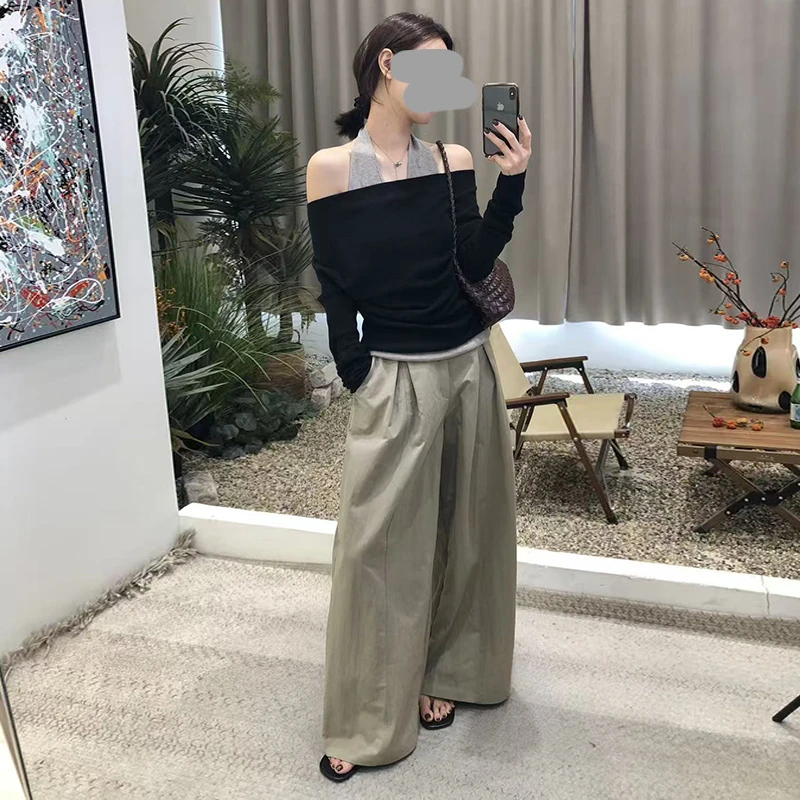 小众设计感假两件长袖T恤高腰休闲阔腿裤女2025春秋新款气质套装