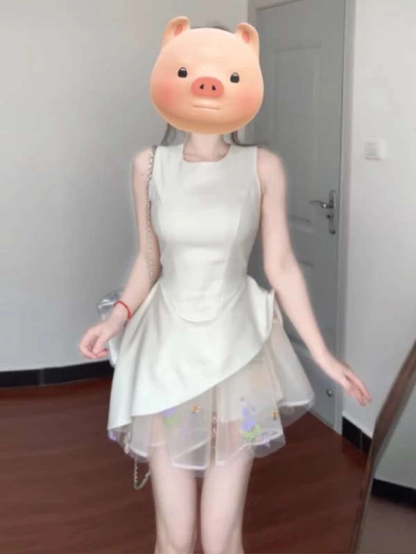 法式温柔甜美风网纱拼接无袖背心连衣裙漂亮独特收腰a字蓬蓬短裙