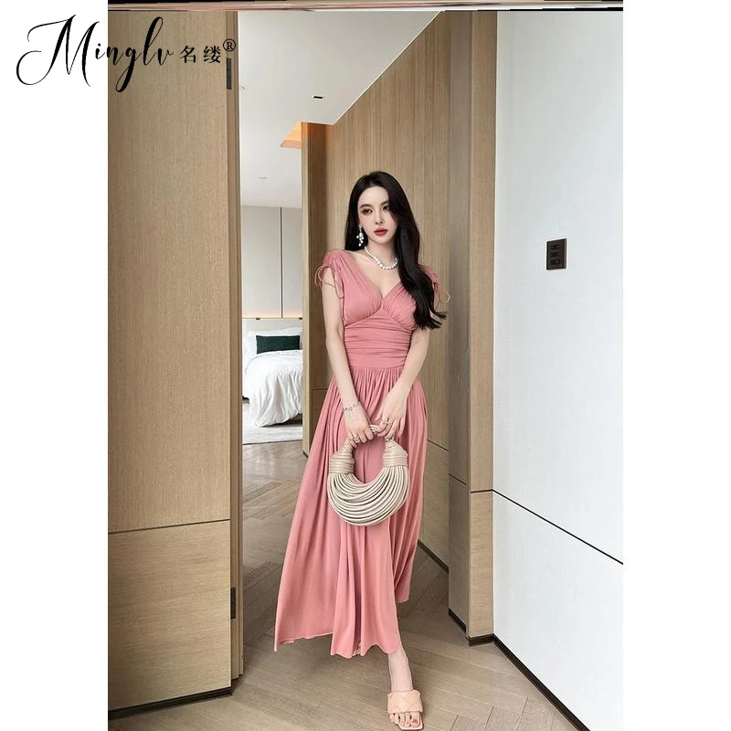 法式温柔风无袖吊带裙气质粉色连衣裙夏天海边度假裙v领仙女长裙