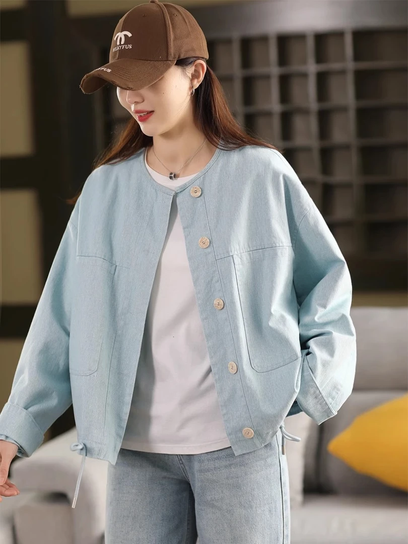 无领短外套女时尚宽松文艺复古百搭抽绳摆单排扣内衬开衫外搭上衣