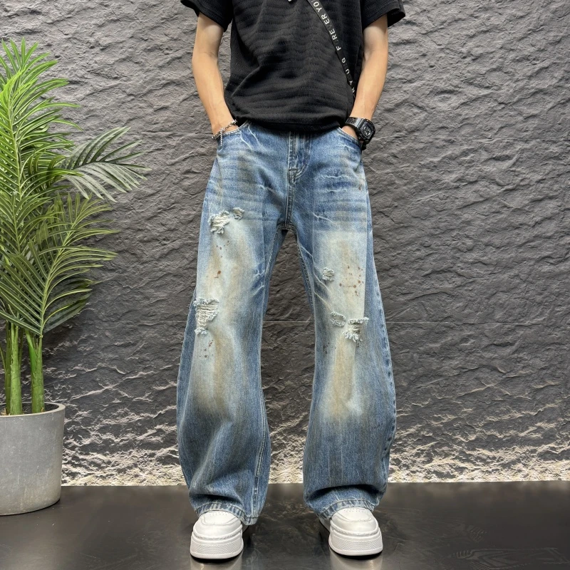 脏染泼墨净面弯刀蓝色牛仔裤垂感宽松阔腿男士黑色阔腿脏脏牛仔裤