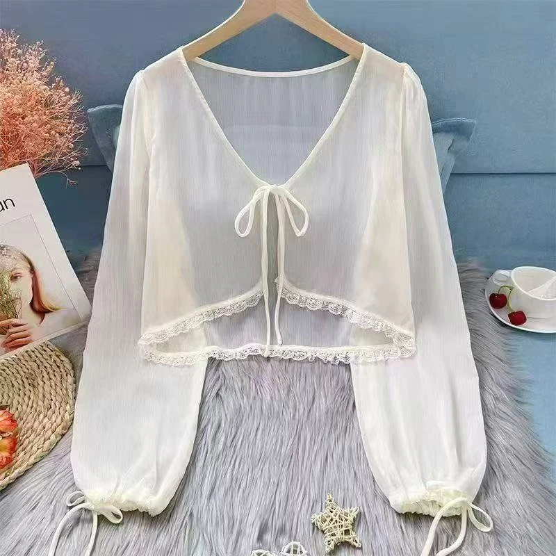 岩岩家8780防晒外套雪纺开衫外搭女薄纱短款冰丝微透罩衫