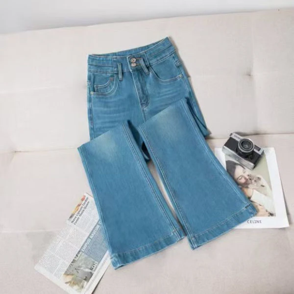 阿宏【JEANS】天青色·新款万向弹加绒高腰直筒微喇裤子牛仔裤女显瘦