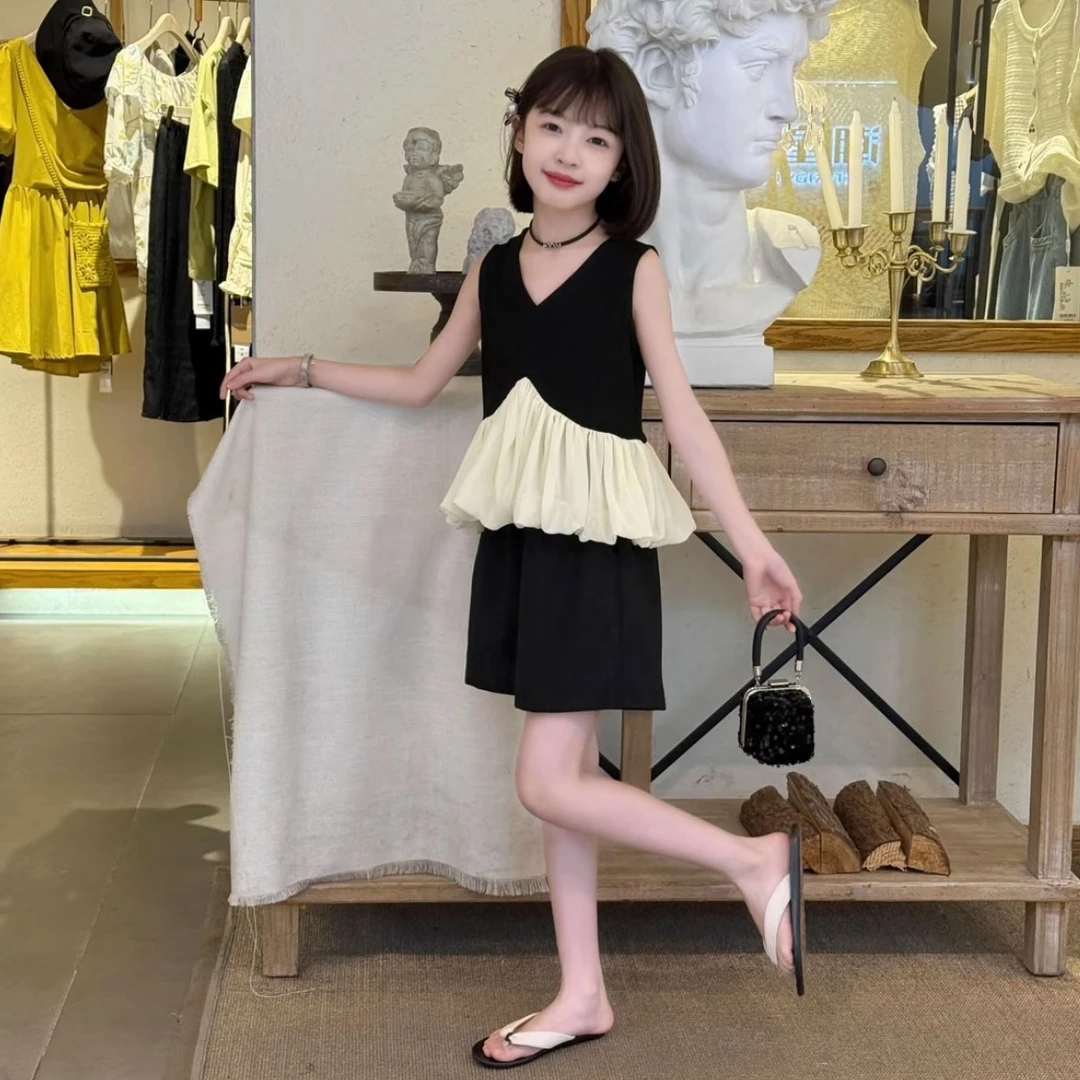 女童赫本风套装夏季2025新款女大童韩系无袖娃娃衫短裤高级感穿搭