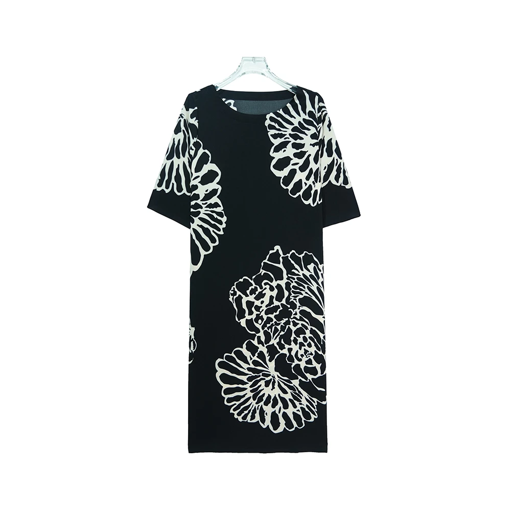 X3278【上新】时尚宽松黑色印花圆领高端连衣裙