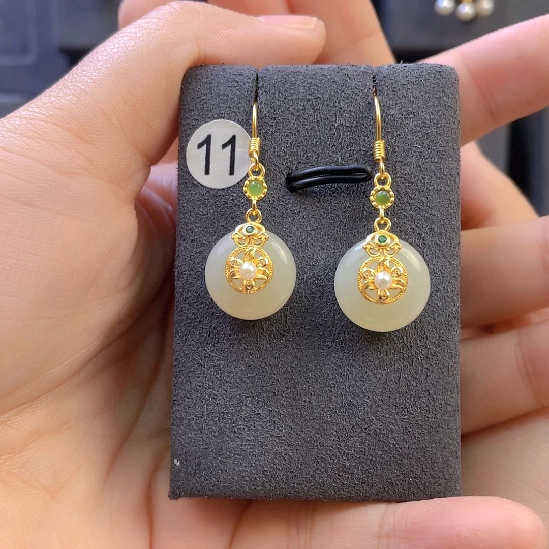 和田玉耳饰银S925镀金镶嵌