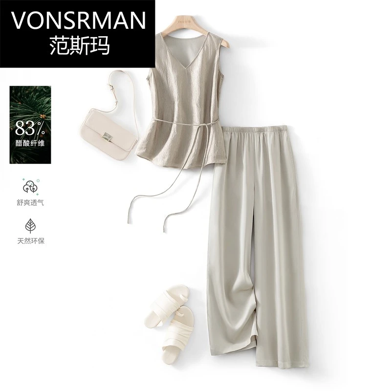高阶醋纤无袖衬衫裤子两件套女2025夏季套装休闲高级感气质裤套
