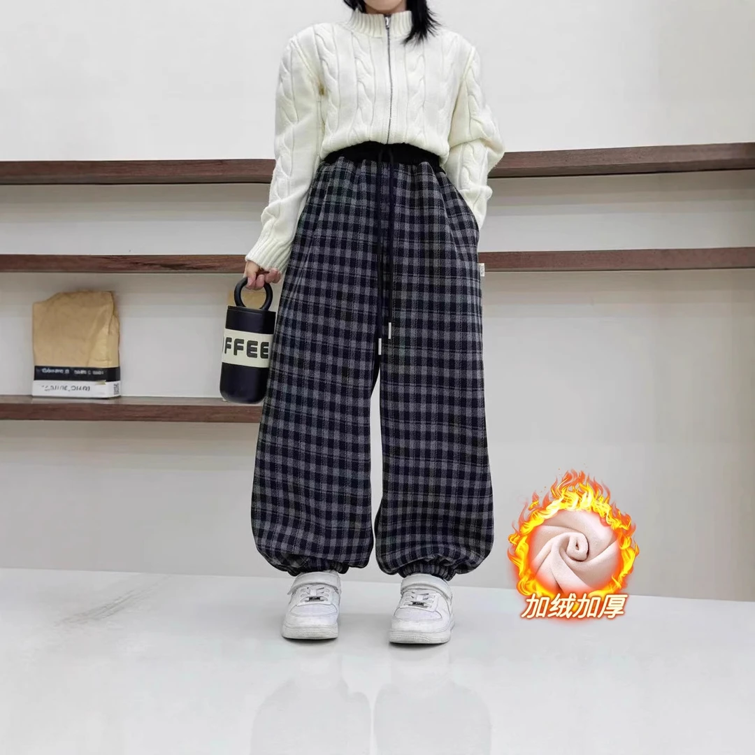 儿童加绒格子裤2025年秋冬装男女童拼腰格子保暖休闲韩版童裤保暖