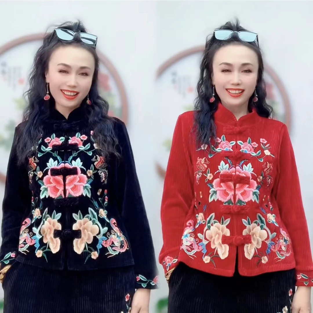 （衣长60）雪尼尔唐装女长袖春秋新款中式刺绣加厚外套上衣9080