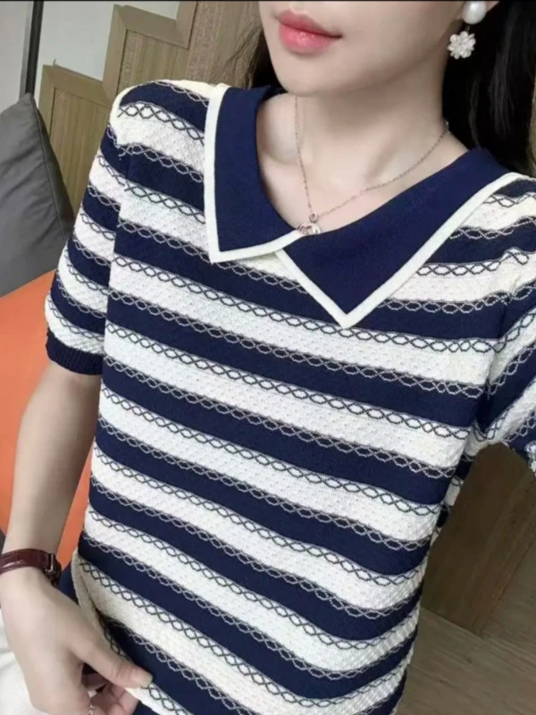 1283大码短袖薄款宽松型夏季毛针织衫百搭套头时尚洋气显瘦撞色