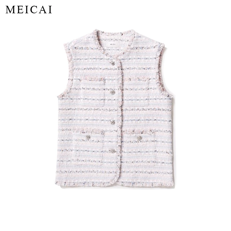 美裁 秋新款 绵羊毛小香风手工拉毛边廓形马甲