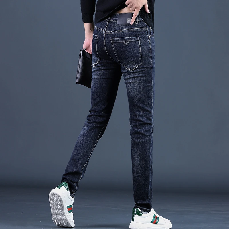 2025秋冬季新款高端深蓝男士牛仔裤时尚修身小脚弹力休闲裤子男潮