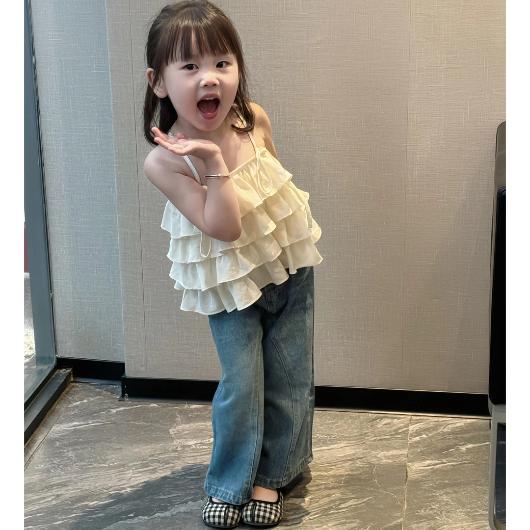 小思家2025夏季新款韩版女童时髦百搭洋气蛋糕露背吊带牛仔裤套装