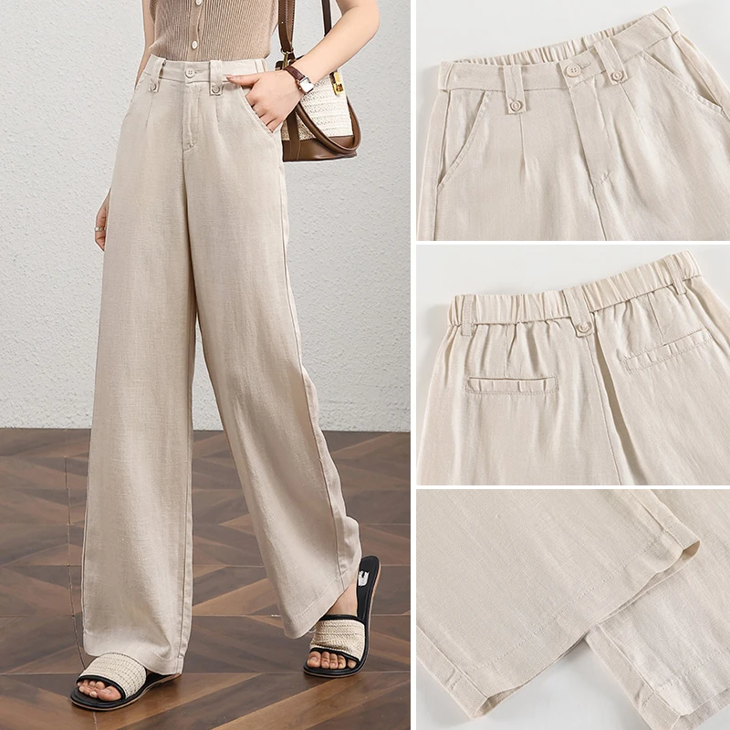 爆款推荐2025夏新款宽松显瘦高腰弹力亚麻阔腿休闲裤女百搭直筒裤