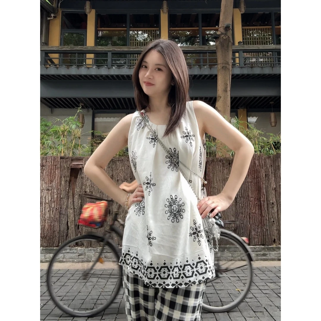 parkyeon韩系度假风复古印花无袖背心上衣搭配格子休闲裤两件套