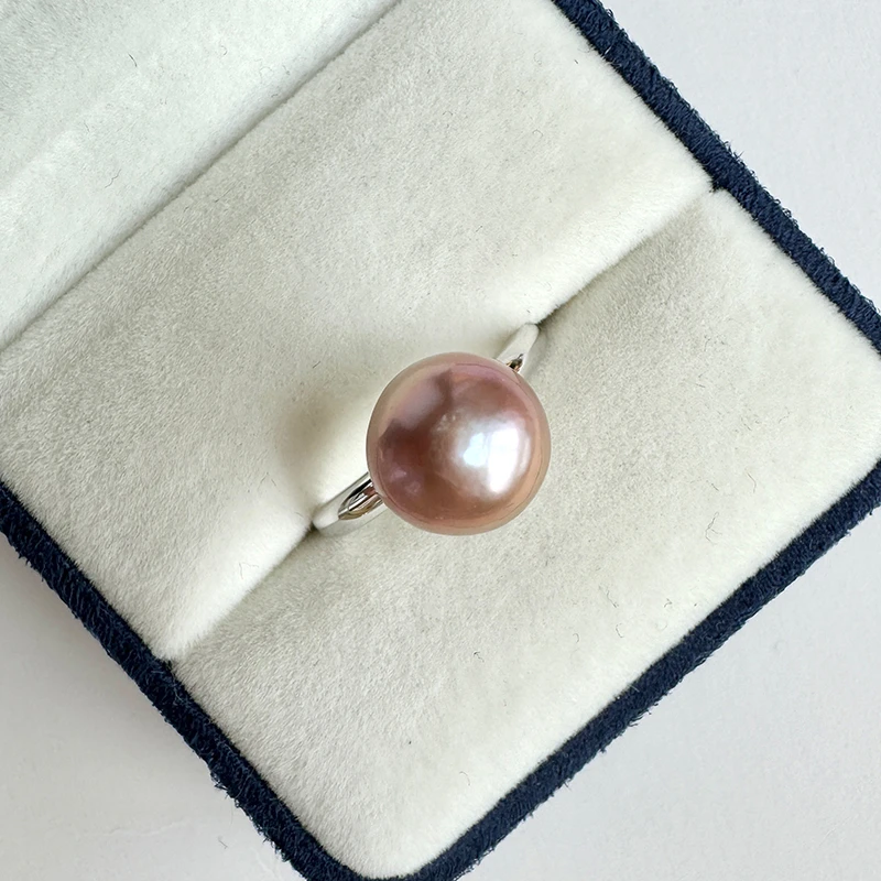 【正圆戒指】9-10mm爱迪生正圆金属紫淡水珍珠开口戒  S925银