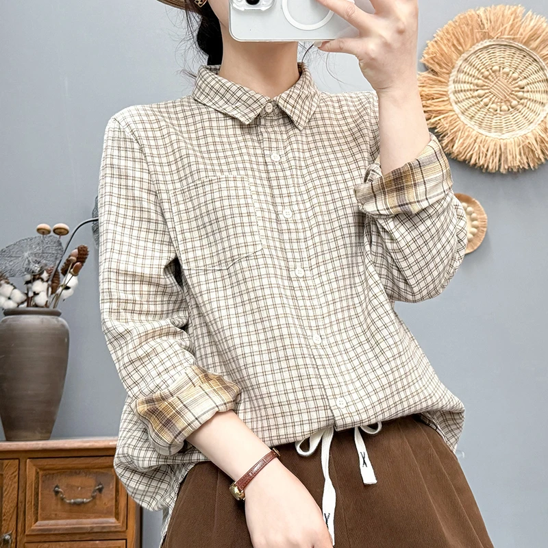 双层纱纯棉春季新款休闲百搭格子衬衫女宽松显瘦长袖文艺衬衣外套