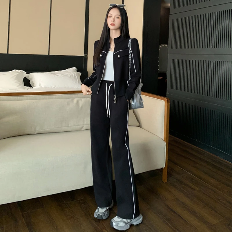 韩系潮流时尚气质减龄套装女春季新款拉链开衫上衣阔腿裤两件套