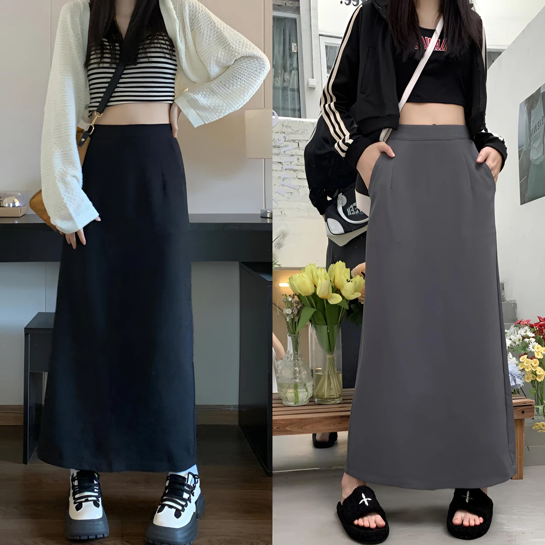 高个子口袋灰色半身裙2025夏季休闲女大码设计感高腰显瘦开叉长裙