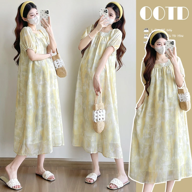【橙子】孕妇装夏季方领显瘦气质宽松大码碎花洋气温柔风连衣裙