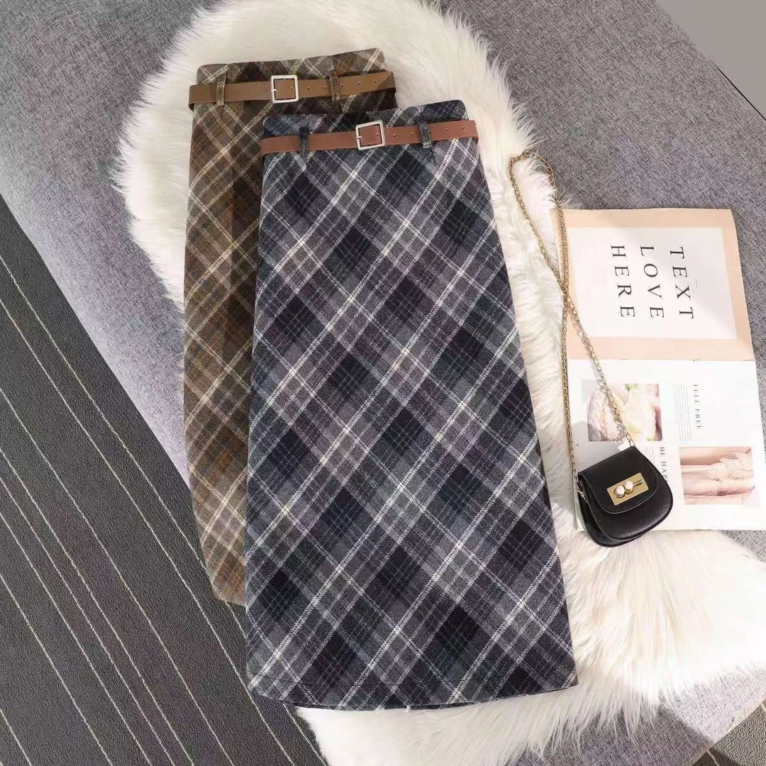 【三个裙长】百搭格子毛呢半身裙女秋冬包臀裙高腰显瘦复古开叉长裙