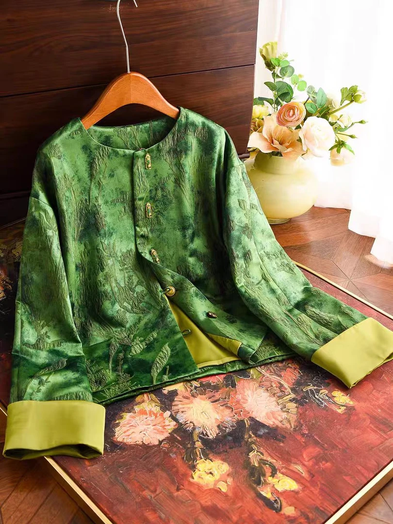 新中式圆领盘扣新款外套宽松国风气质时尚提花上衣2507