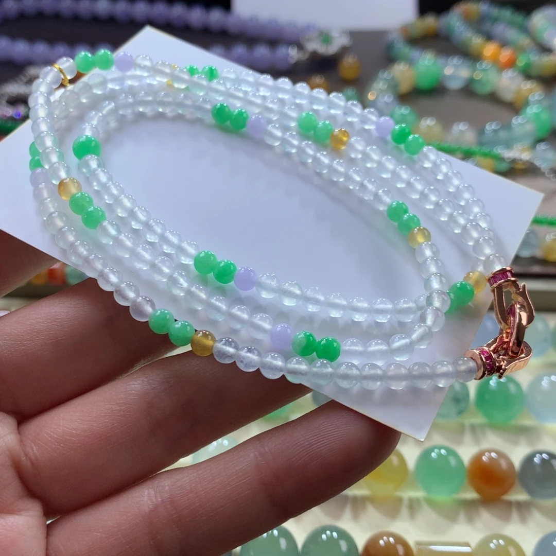 翡翠手链未镶嵌莫西沙场口，高冰波茅台白四彩项链卡4