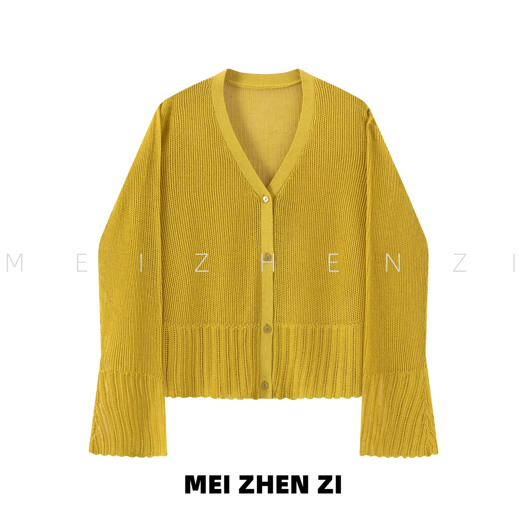 MEIZHENZI【亚麻+天丝】喇叭袖V领针织开衫女春夏新款气质防晒上衣