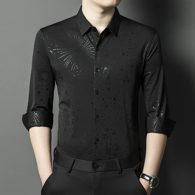 春秋长袖花衬衫男中年碎花爸爸装宽松休闲衬衣冰丝薄款免烫有口袋