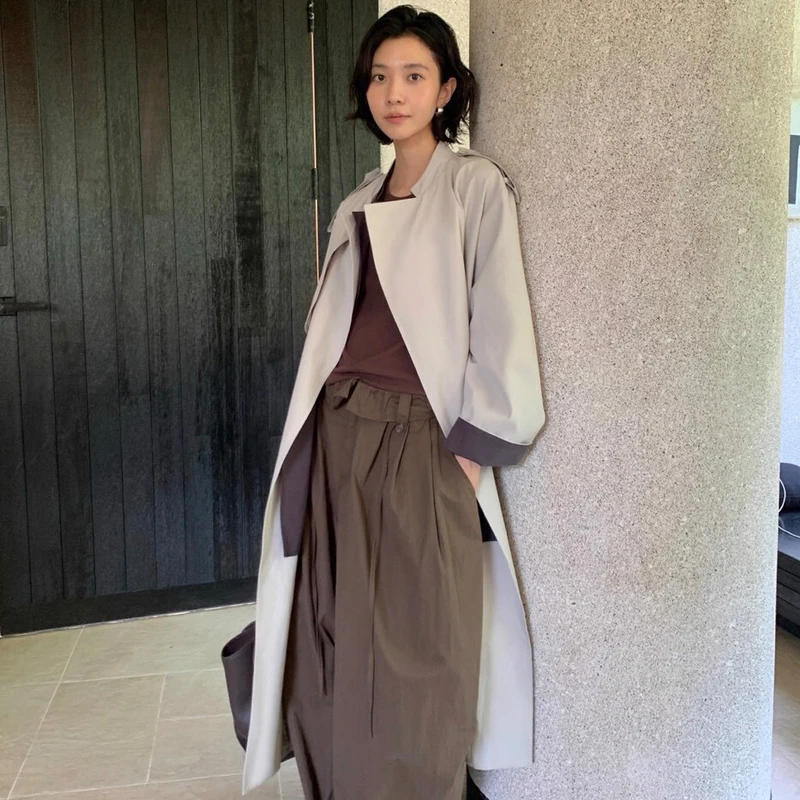 【25089】撞色立领中长款外套系带收腰风衣外套女