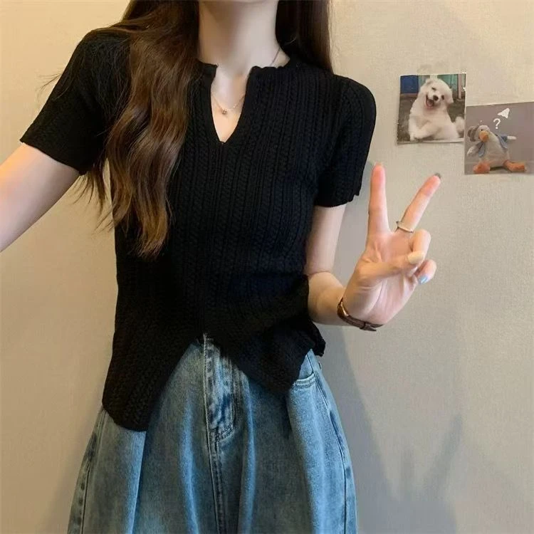 A131韩版气质开叉短袖针织衫女夏季薄款设计感小众别致独特短款上