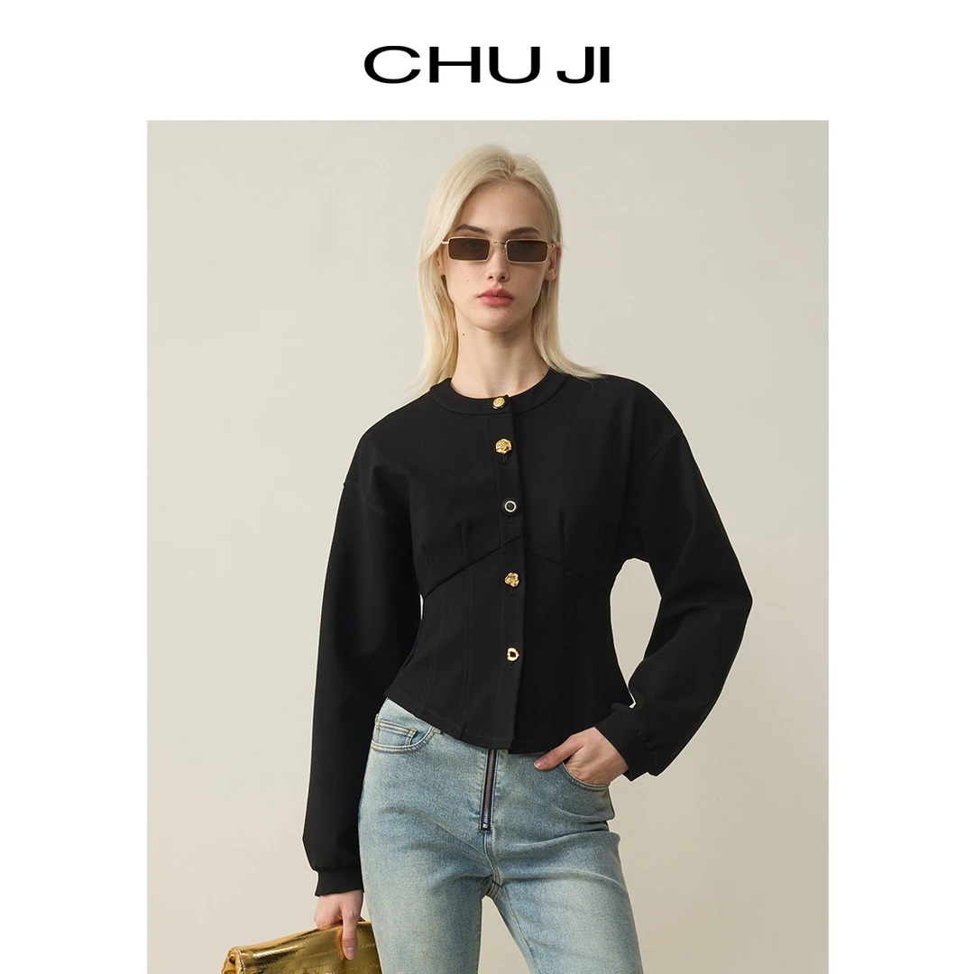 Chuji/出迹高街时髦圆领落肩短外套春季新款纽扣收腰显瘦E1Z1992W