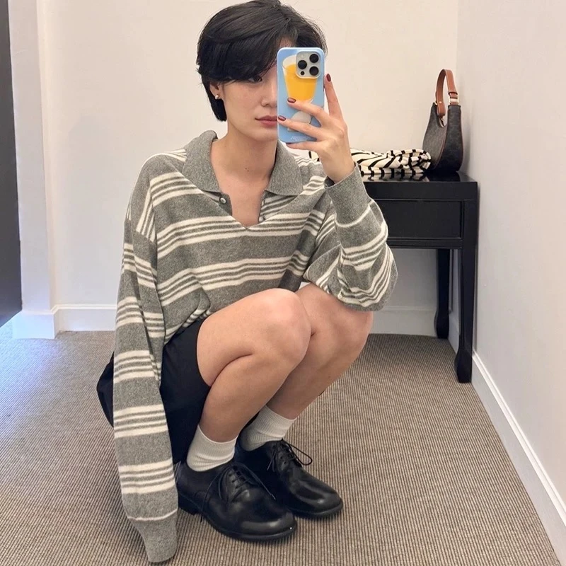 【杨嘻嘻】即墨韩版休闲女长袖条纹针织薄款拼接毛针织衫28202