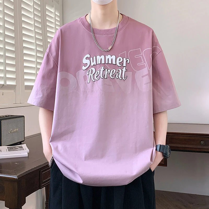 渐变印花短袖男士夏季薄款凉感落肩袖宽松t恤男半袖青少年休闲T恤