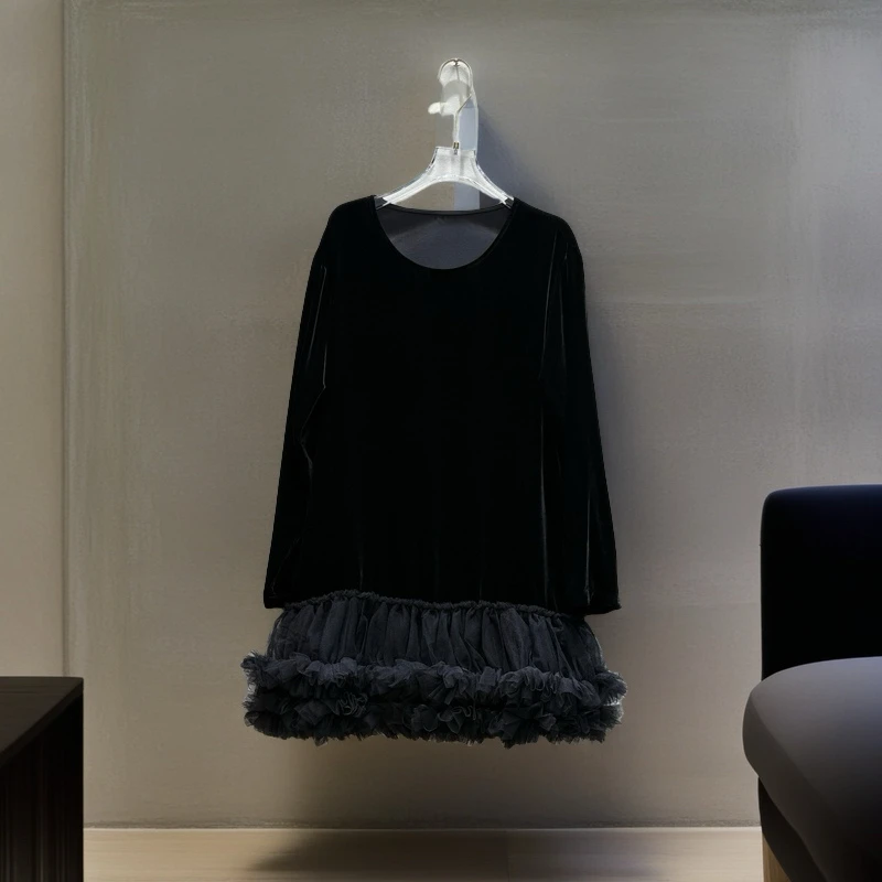 网纱荷叶边公主风网红长款秋冬冬季黑色连衣裙100%桑蚕丝真丝丝绒