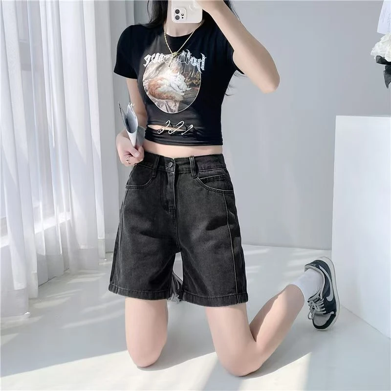 港风五分a板型牛仔短裤女夏季款半松紧宽松感薄款高腰时尚百搭裤