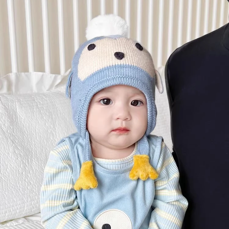 婴儿帽子秋冬季超萌卡通企鹅护耳帽男女宝宝冬天加厚保暖毛线帽cy